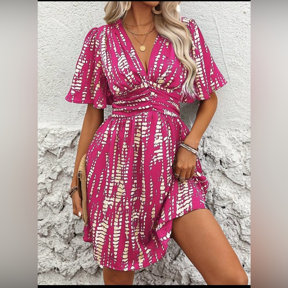 SHEIN Holidaya Women's Tie Dye Printed VNeck Crop Sleeve Ruffle Waist Mini Dress
